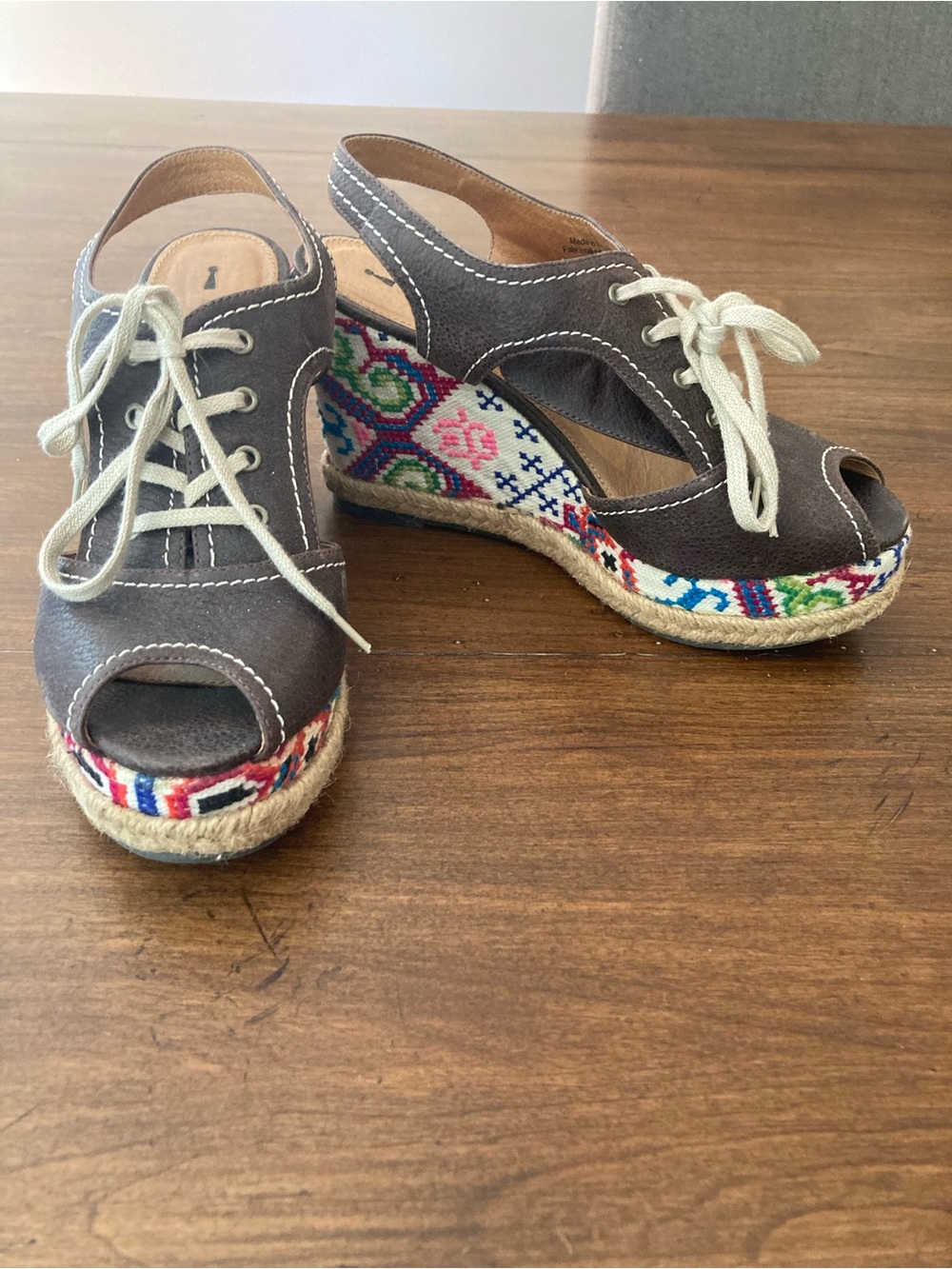 Anthropologie Brown Lace-Up Espadrille Wedge platform with Embroidered heel.